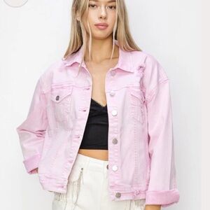 Risen Soft Acid Pink Distressed Oversized Denim Jean Jacket Size Medium